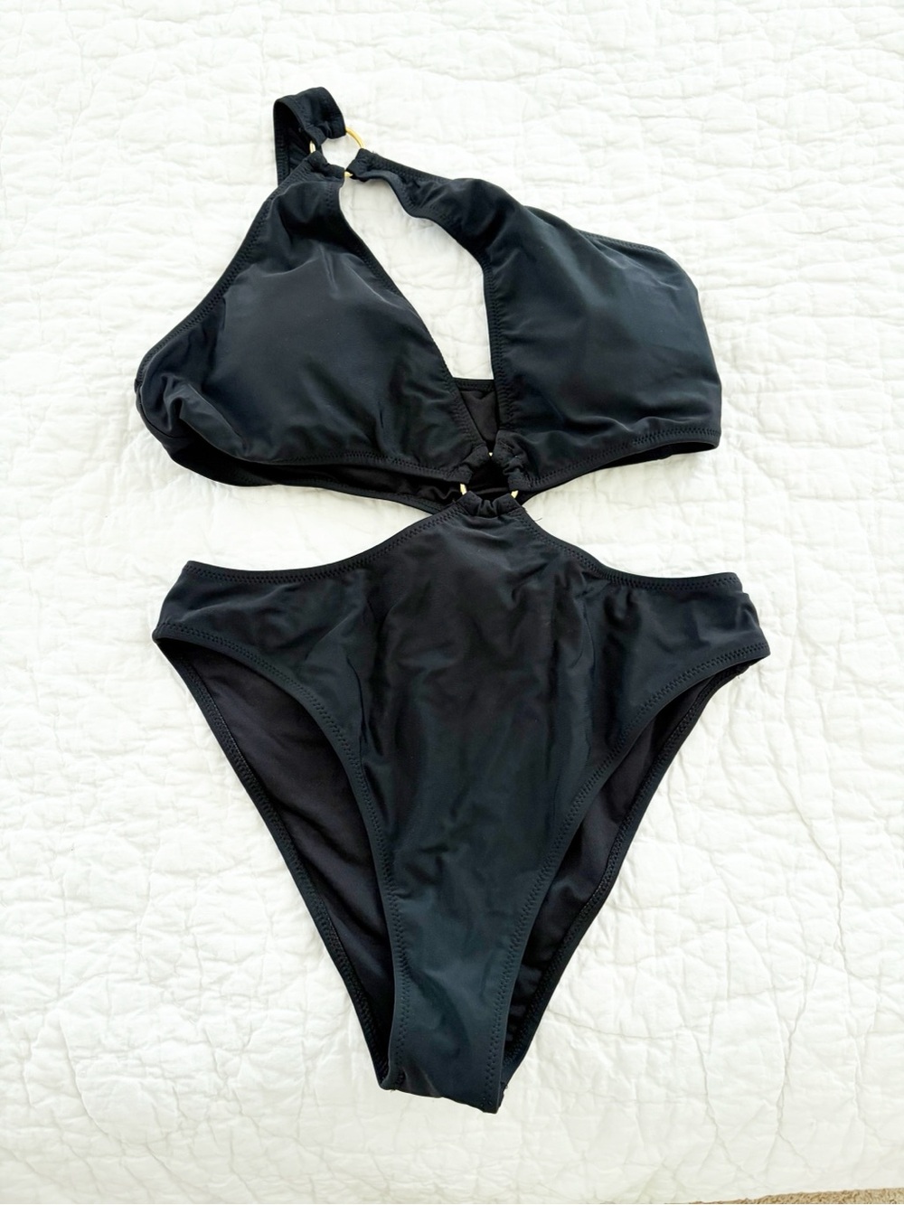Women's med Black Cutout One-Piece Swimsuit sexy one shoulder style